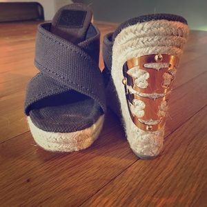 Brown and Gold Tory Burch wedges
